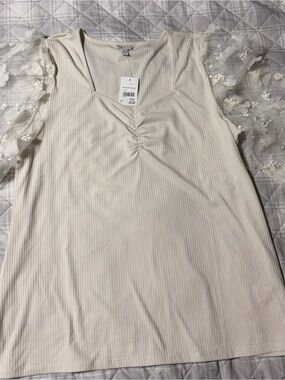 Women’s Cream Ribbed Top with see through Floral Organza Sleeves